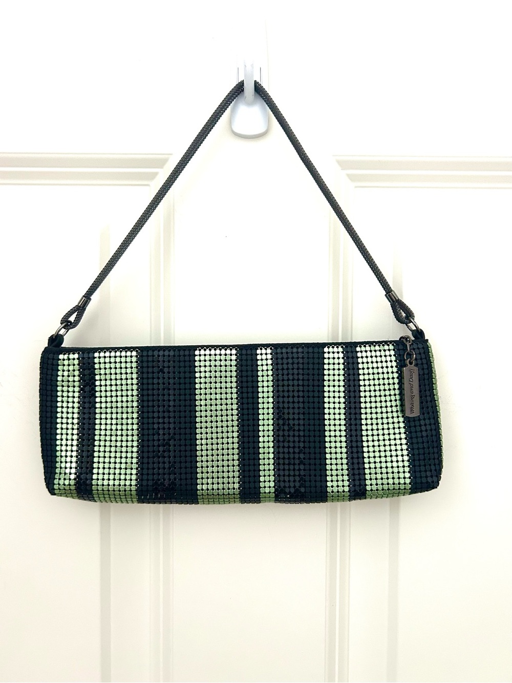 vintage Whiting & Davis striped black and sage-green mesh evening bag